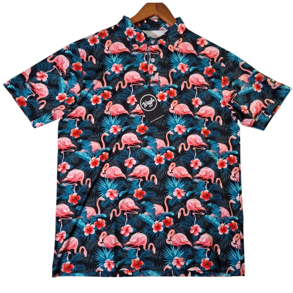 Waggle Beach Golf Polo Shirt Womens Large Blue Pink Flamingo All Over Print - Picture 1 of 7